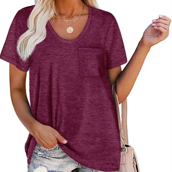Plum Scoop Neck Short Sleeve Loose T Shirt with Pocket - Picture 1 of 3
